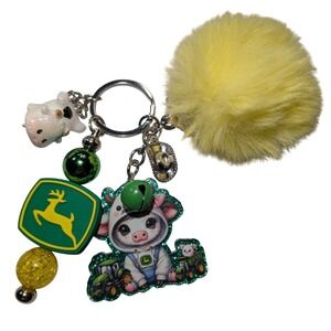 John Deere Keychain Women OS Green Yellow Good Cow Pom Pom Bag Charm Accessory